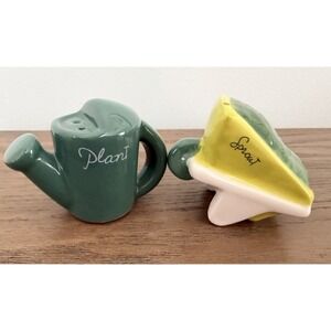 Vintage Plant Sprout Salt Pepper Shakers Watering Can Garden Ceramic Set